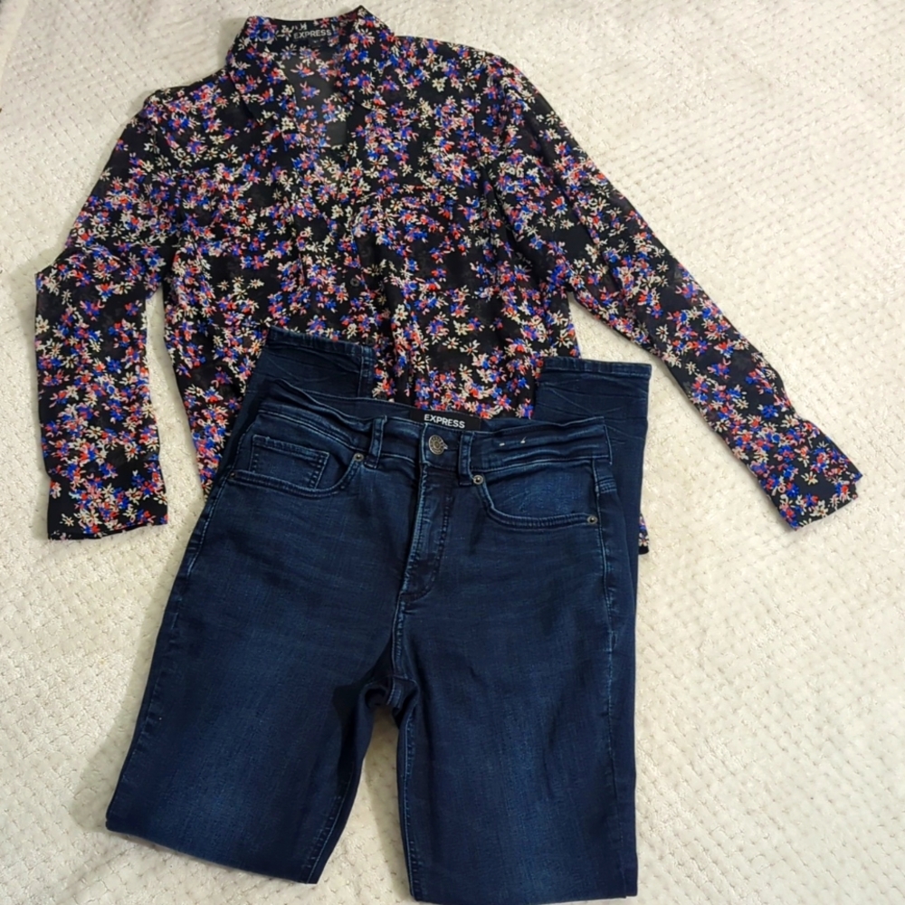Outfit❣️Express Top And Perfect Curve Legging Women's Dark Blue Jeans